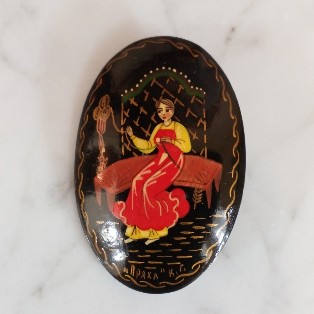 Russian Handpainted Black Lacquer Brooch